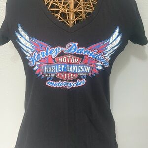 Harley-Davidson Women's Black Tee with Red and Blue Wings